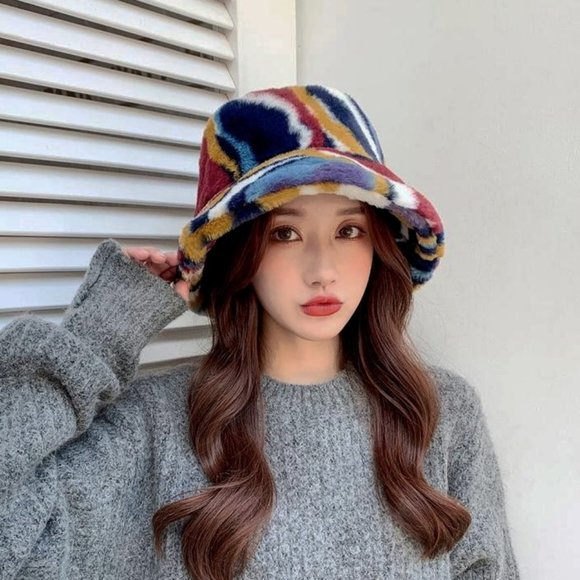 NEW Multi Color Soft Fluffy Plush Faux Fur Adjustable Cozy Fisherman Bucket Hat - Picture 9 of 11